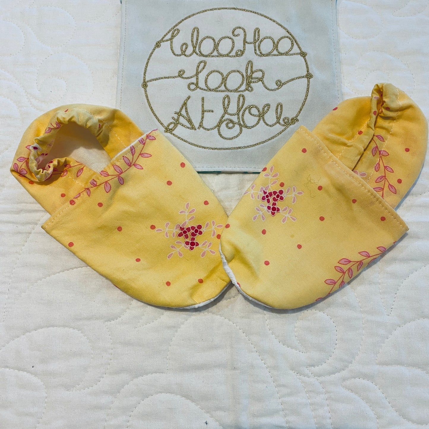 2 Piece Set - Skirt & Slip Ons - Yellow with Multi Pink Flowers with White Lace and Pink Anglaise