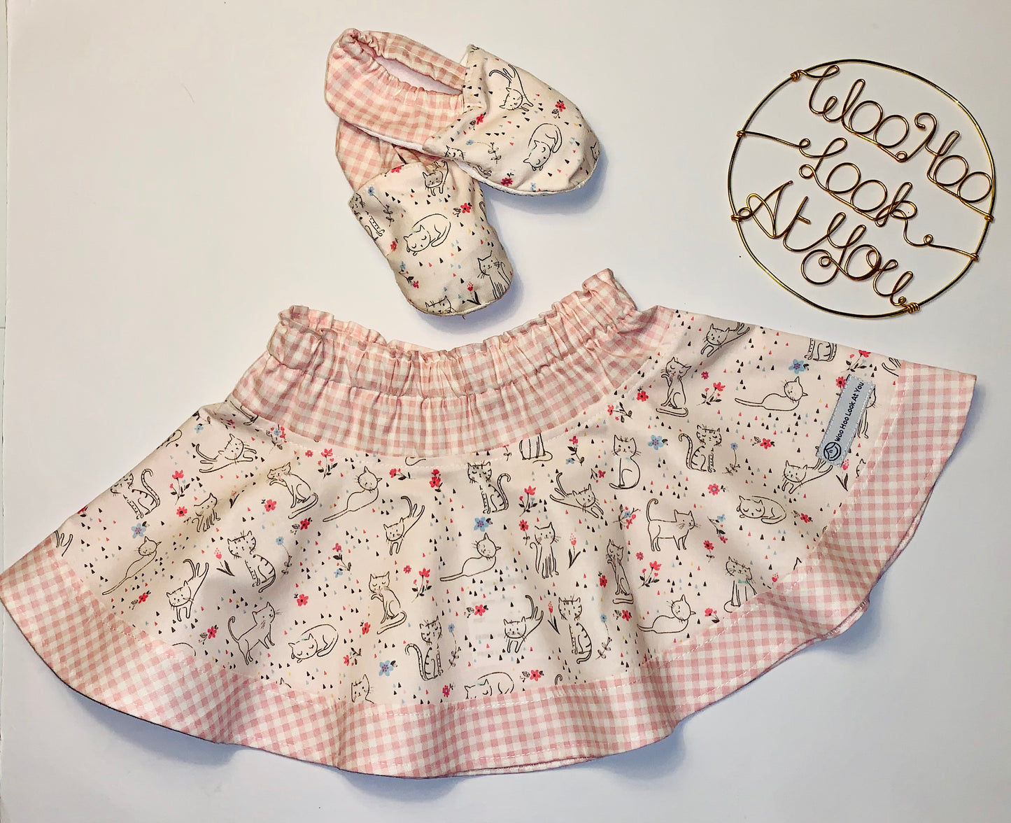 2 Piece Set - Skirt & Slip Ons - Cream Cats and Pink Gingham