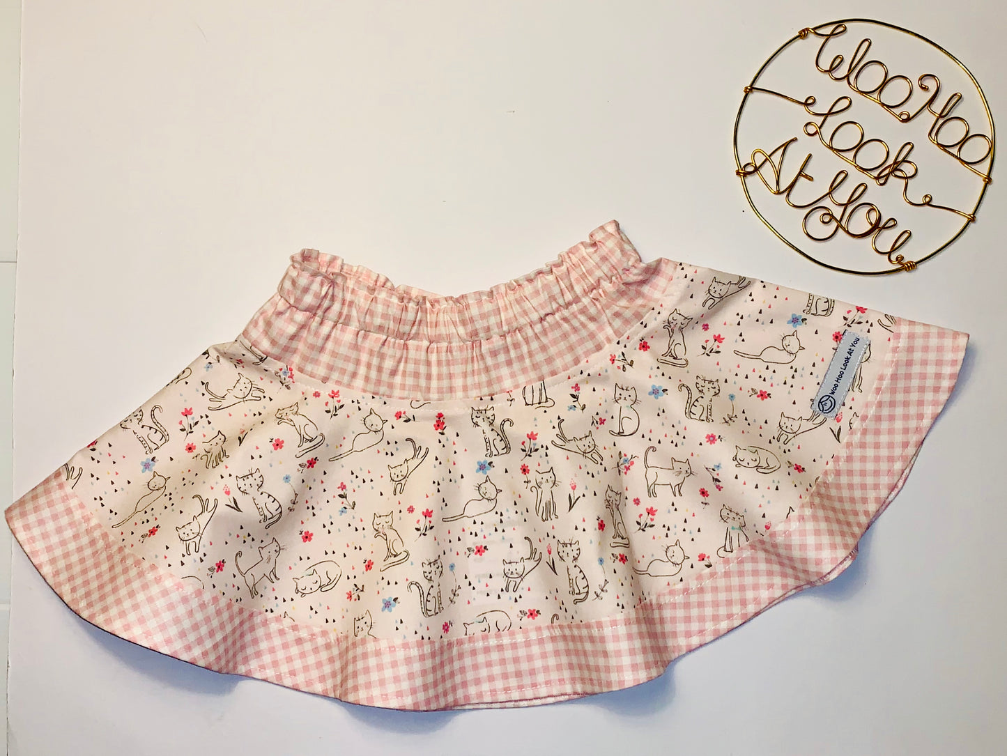 2 Piece Set - Skirt & Slip Ons - Cream Cats and Pink Gingham