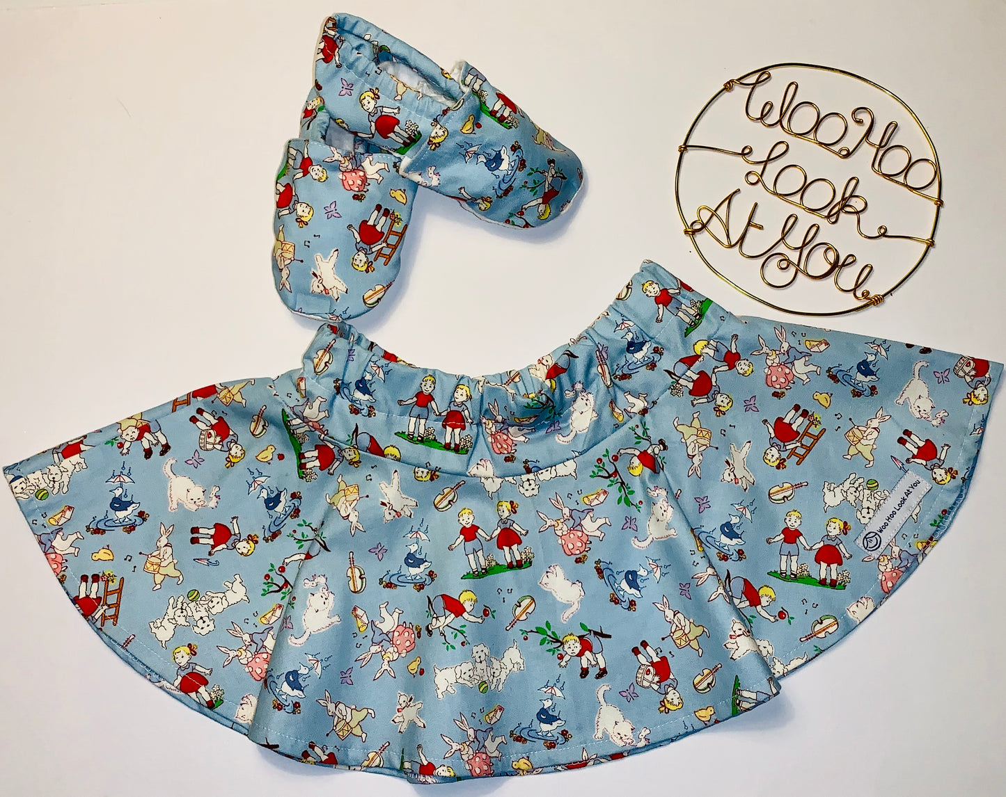 2 Piece Set - Skirt & Slip Ons - Vintage Kids and Animals on Light Blue