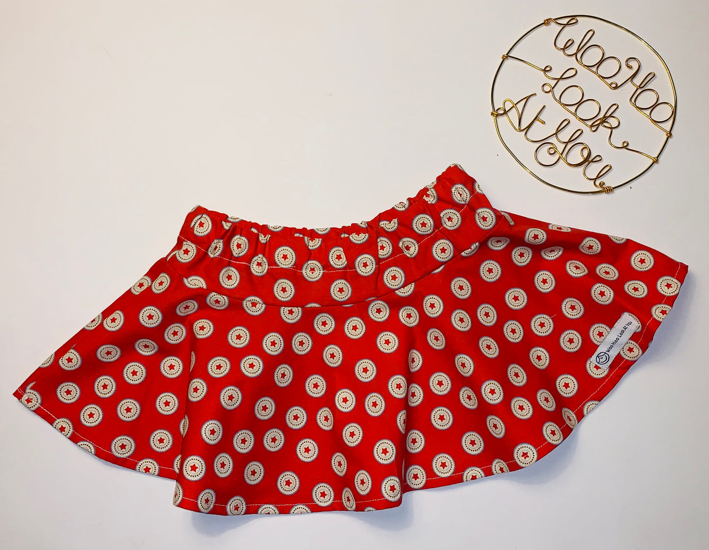 2 Piece Set - Skirt & Slip Ons - Red Stars in Circles on Red