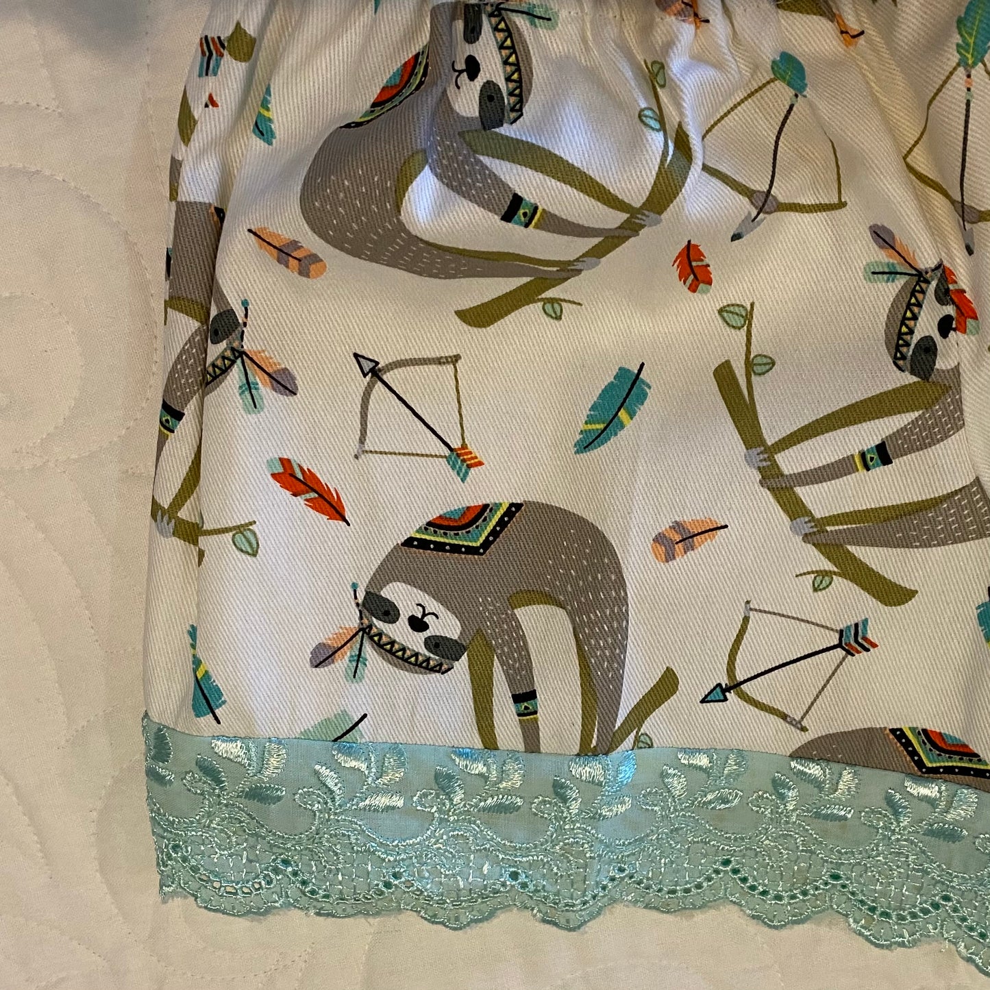 Shorts - Sloths on White with Mint Green Anglaise Hemline and Elastic Waist