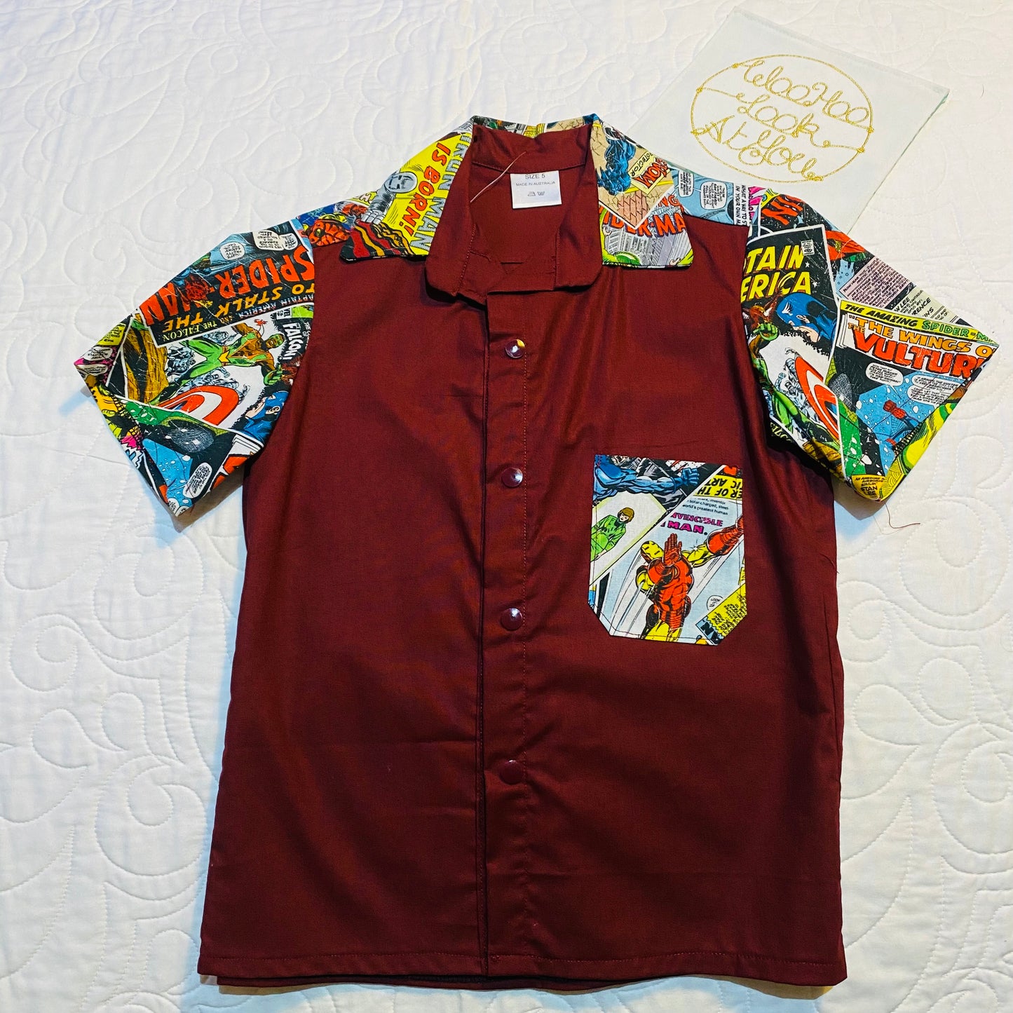 Shirt - Super Hero Comics - Maroon Front and Back with Contrasting Comic Pocket