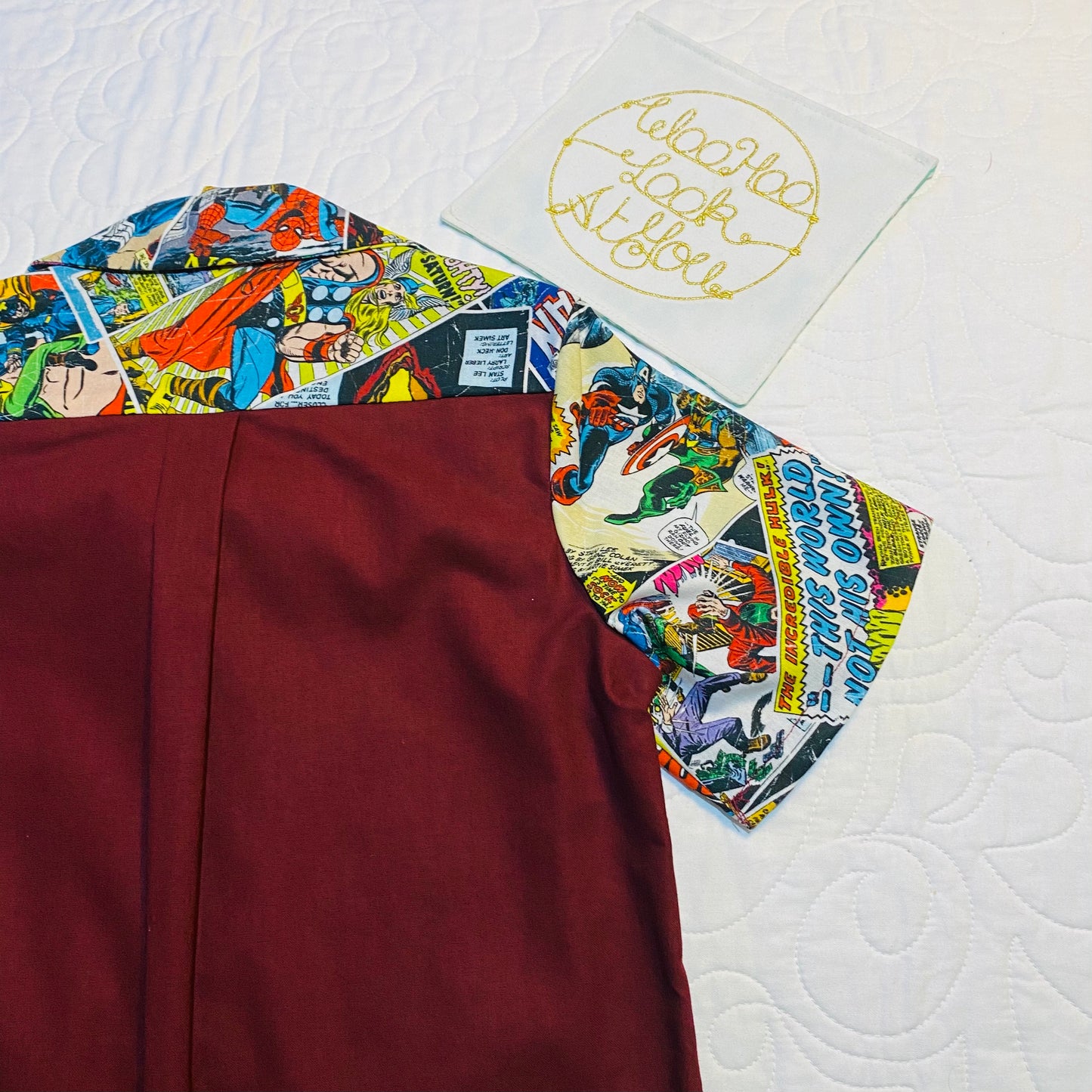 Shirt - Super Hero Comics - Maroon Front and Back with Contrasting Comic Pocket