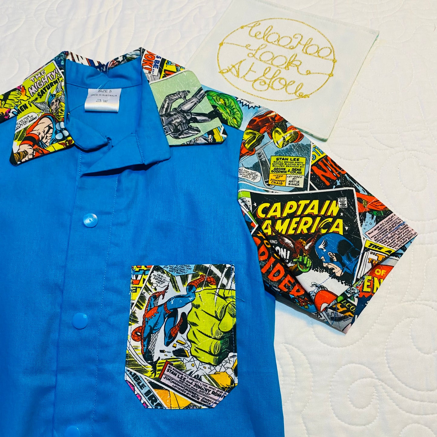 Shirt - Super Hero Comics - Light Blue Front and Back with Contrasting Comic Pocket