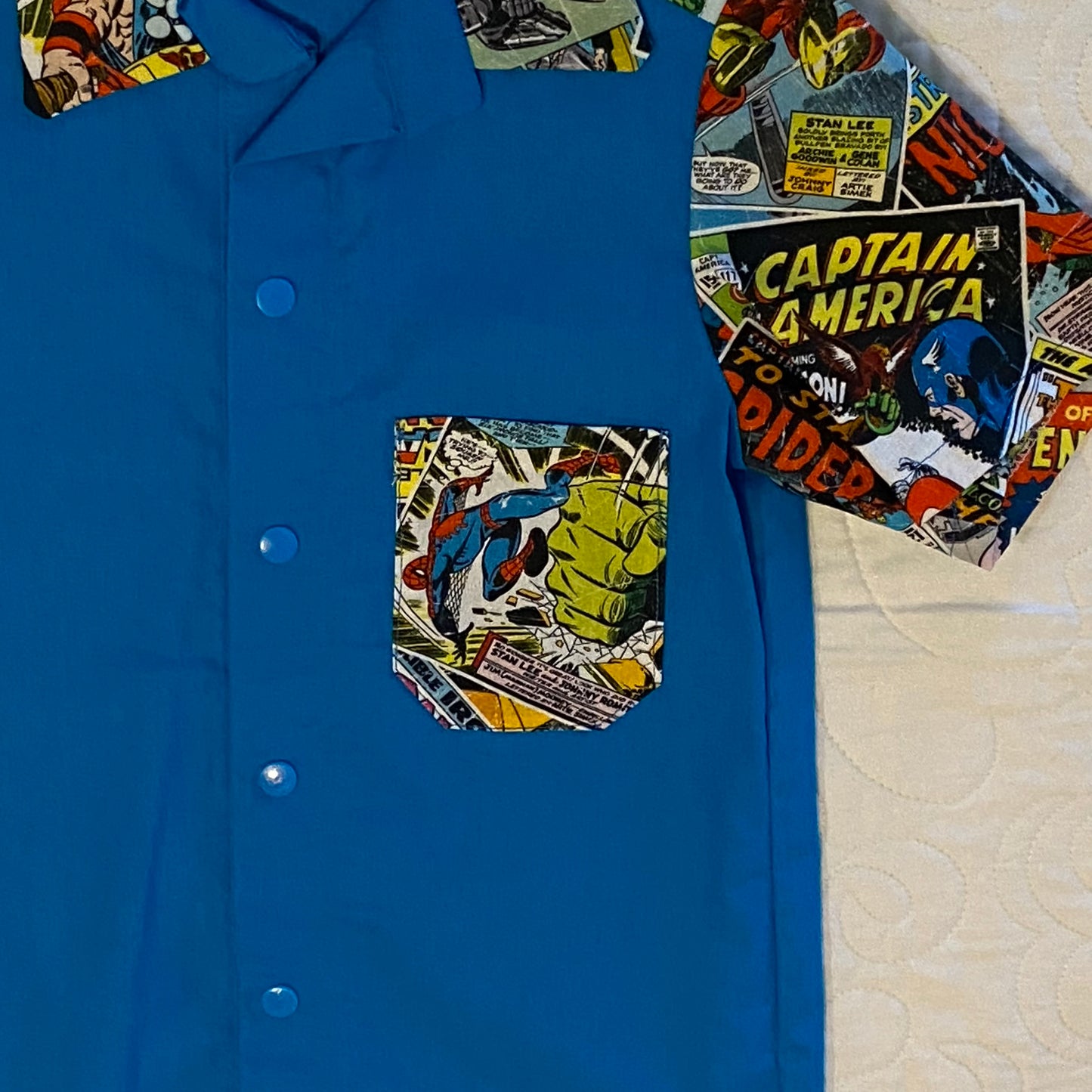 Shirt - Super Hero Comics - Light Blue Front and Back with Contrasting Comic Pocket