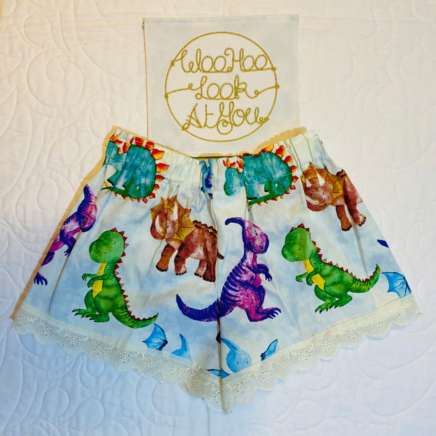 Shorts - Bright Coloured Dinosaurs with Anglaise Hemline and Elastic Waist