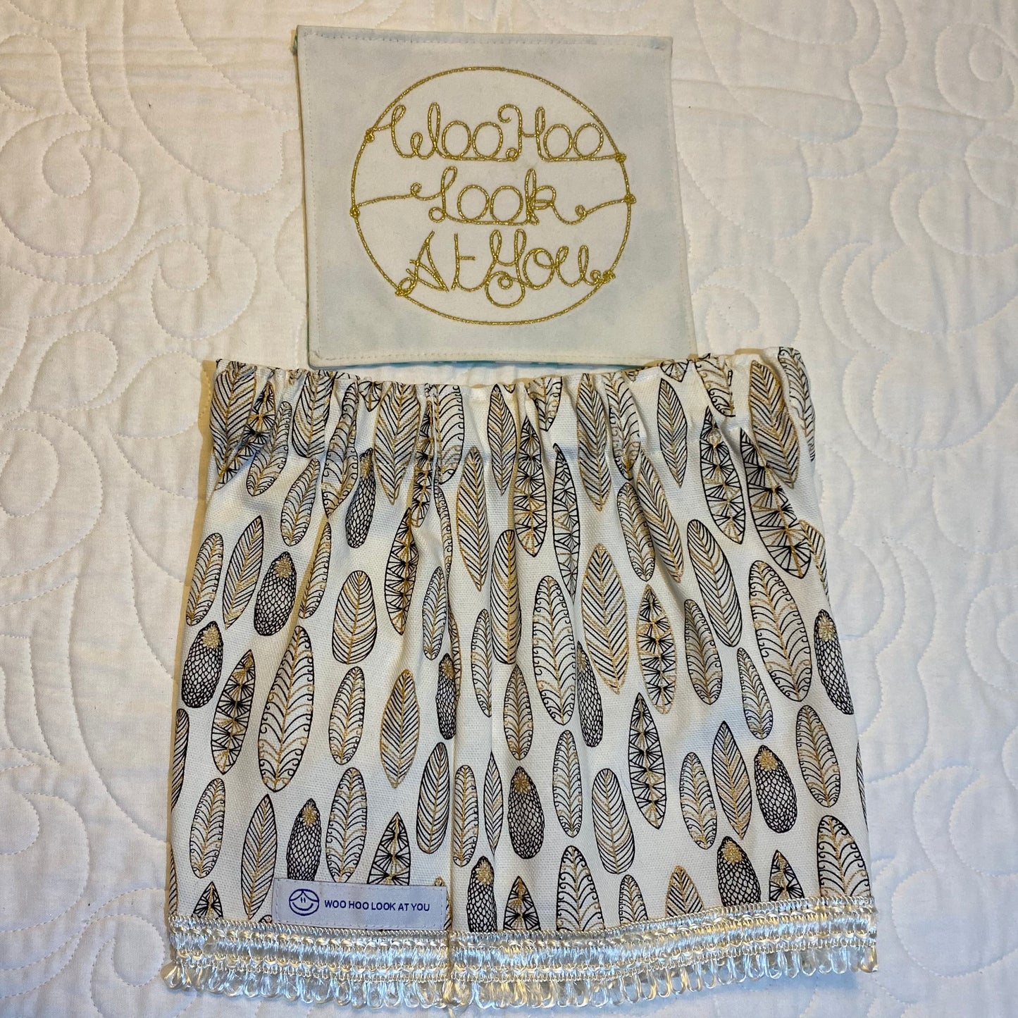 Shorts - Metallic Feathers with Metallic Cream Ribbon Hemline and Elastic Waist