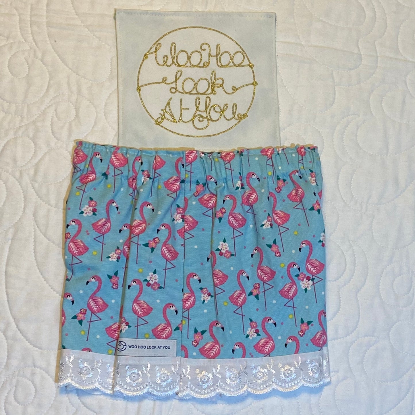 Shorts - Flamingos on Blue with Anglaise Hemline and Elastic Waist