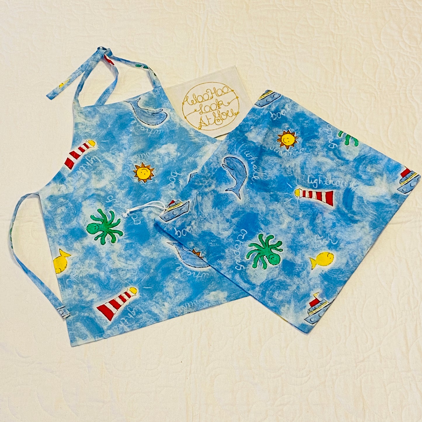 Apron and Library Bag- 2 Piece - Sea Life on Light Blue Background