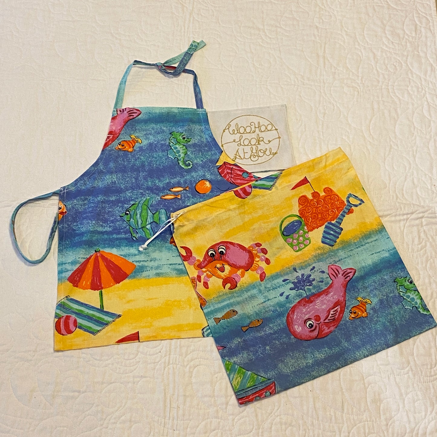 Apron and Library Bag - 2 Piece - Multi-Colour Sea Life on Blue Background