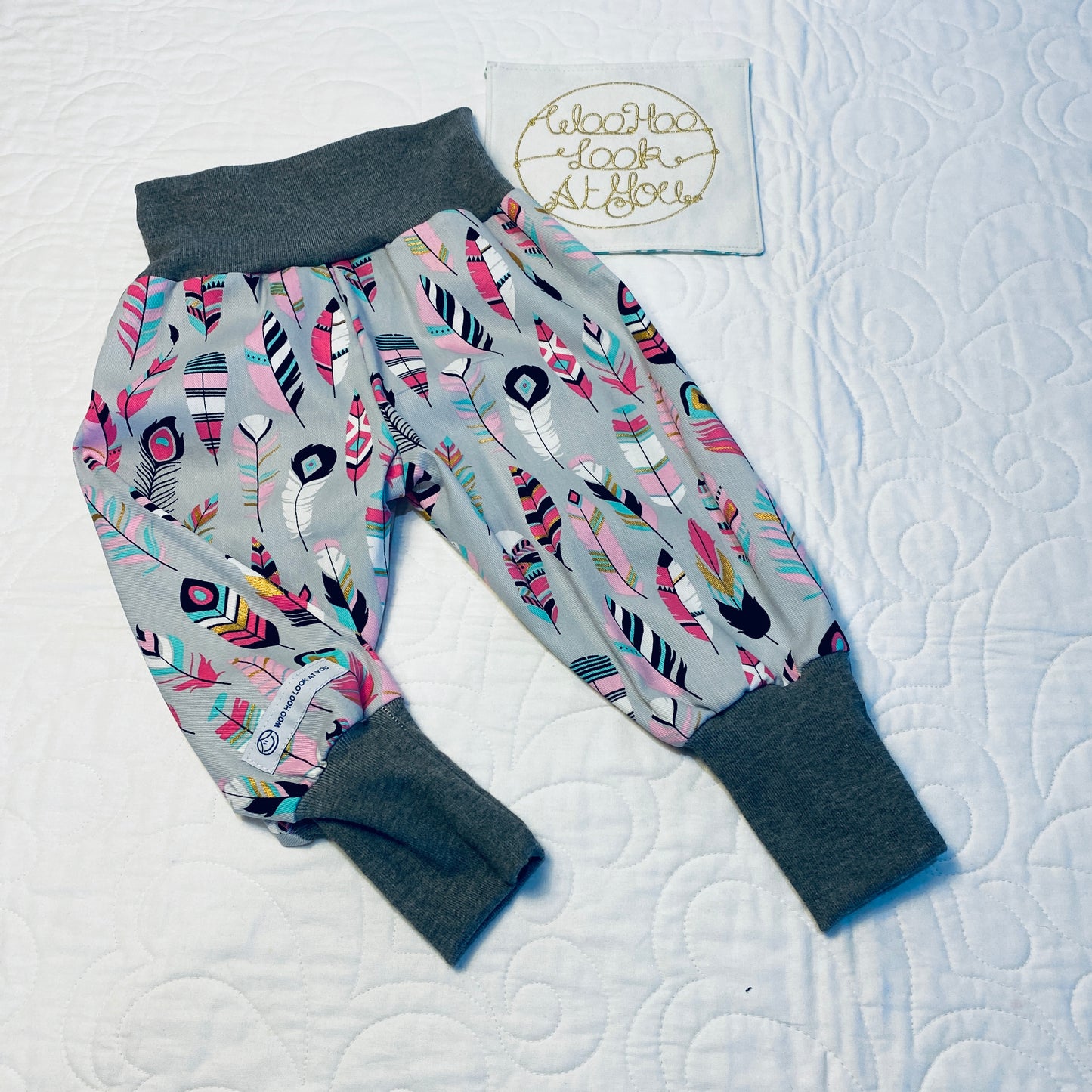 Pants - Harem - Buzoku Cotton - Pink & Teal Feathers with Grey Bands