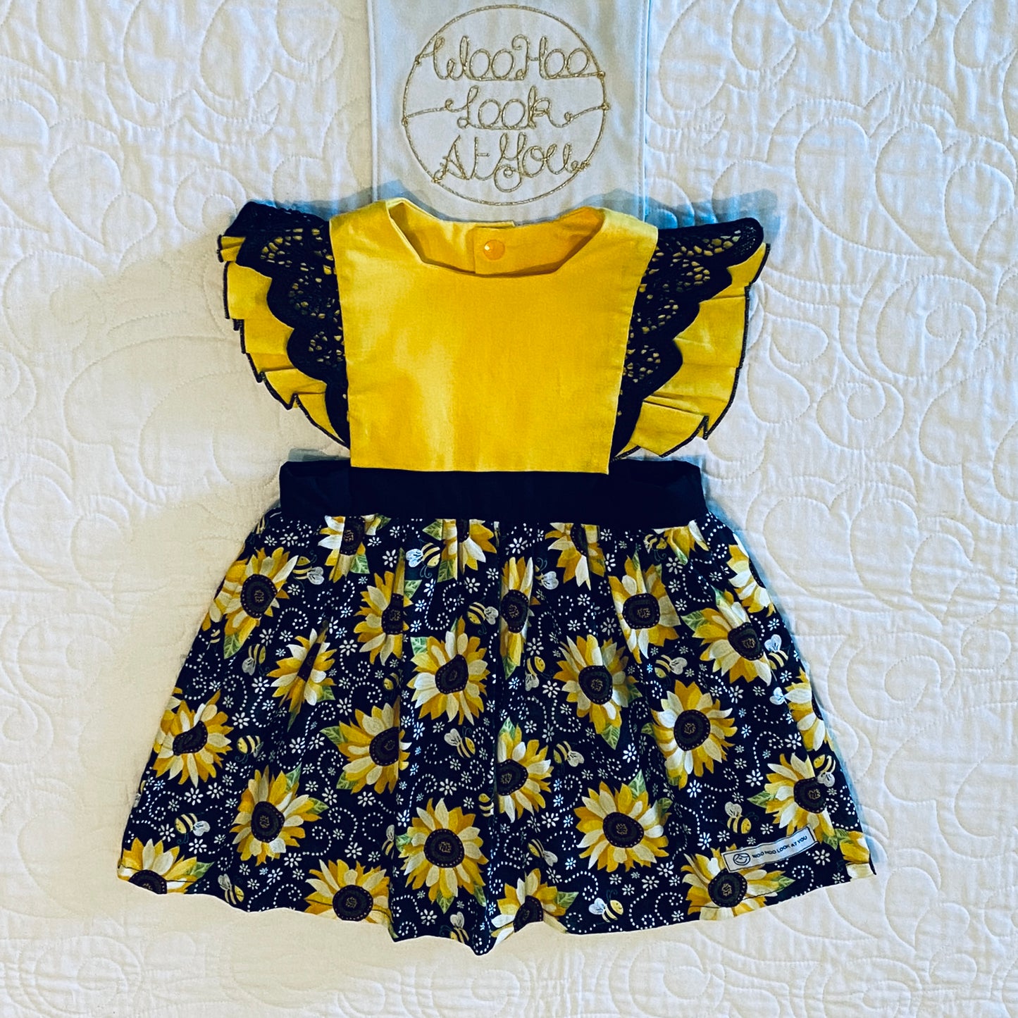 Pinafore - Emma Polly Sunflower with Black Lace Flutter