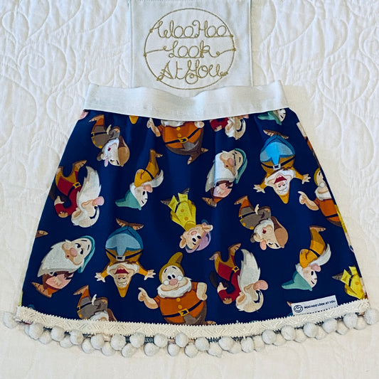 Skirt - Added Elastic Waistband, Coloured Gnomes on Teal Background with pom poms