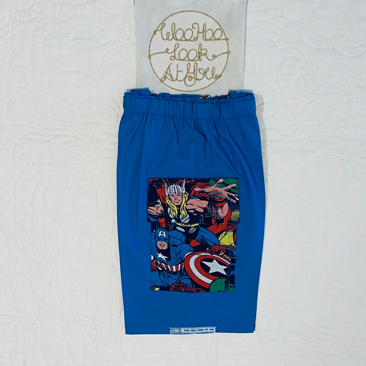 Pants - Cargo Shorts - Cobalt Blue with Action Figures, Flap Pocket for Rocks, Elastic Waist