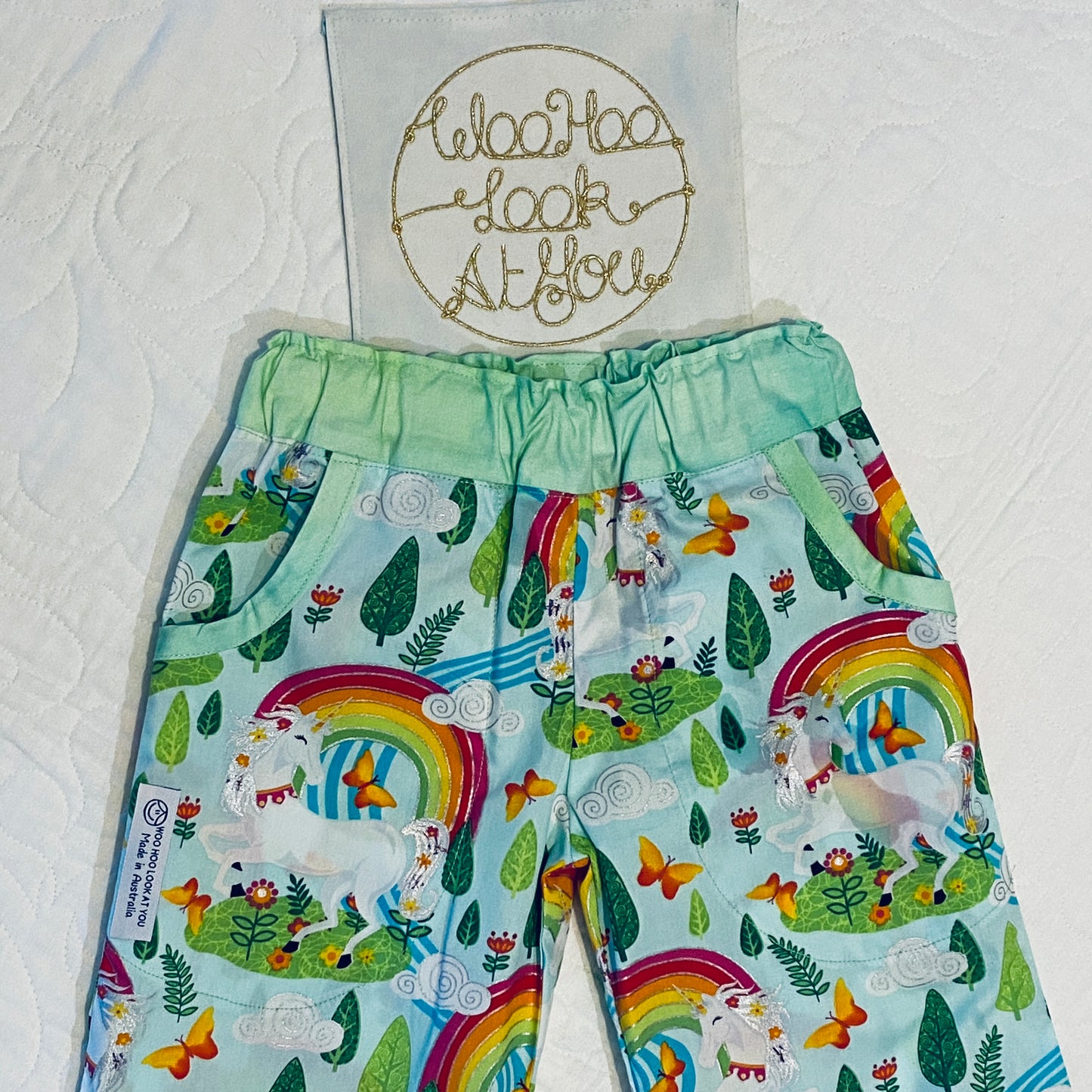 Pants with Pockets - Cotton - Unicorns, Rainbows and Butterflies on Pale Green Background with Matching Green Waistband