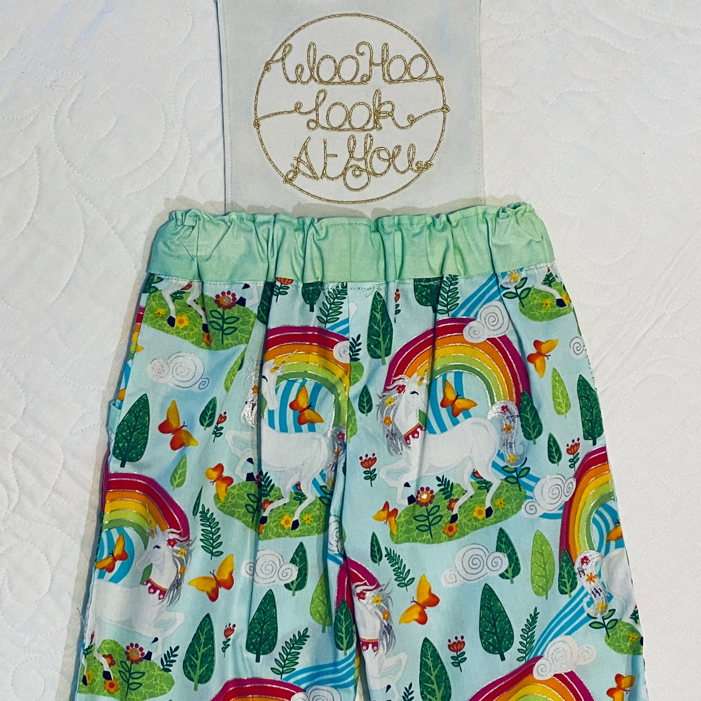 Pants with Pockets - Cotton - Unicorns, Rainbows and Butterflies on Pale Green Background with Matching Green Waistband