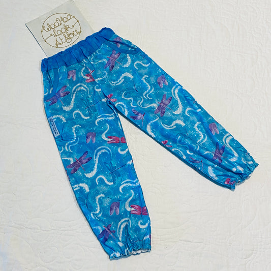 Pants with Pockets - Cotton - Glittered Dragonflies on Light Blue Background with Matching Blue Waistband