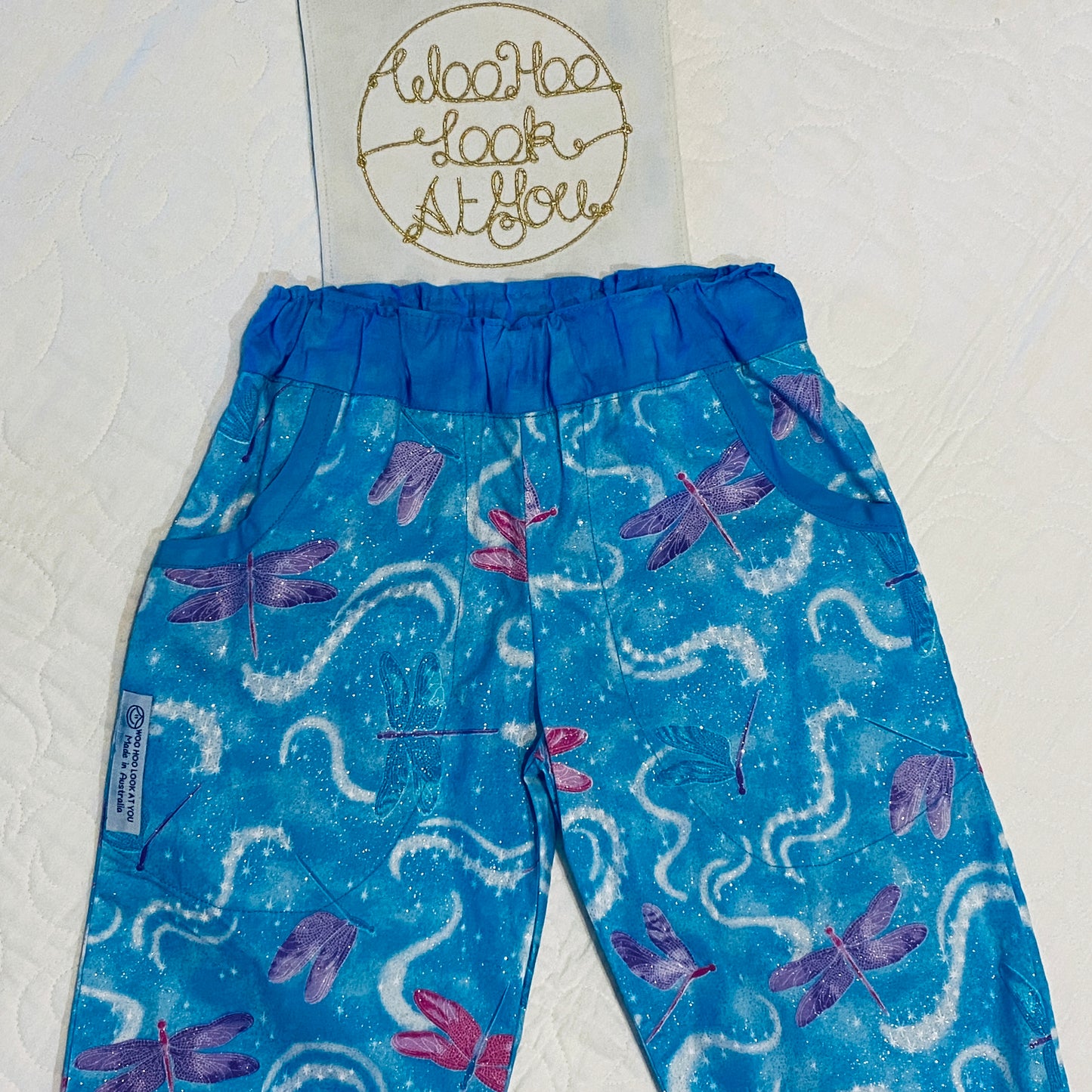 Pants with Pockets - Cotton - Glittered Dragonflies on Light Blue Background with Matching Blue Waistband