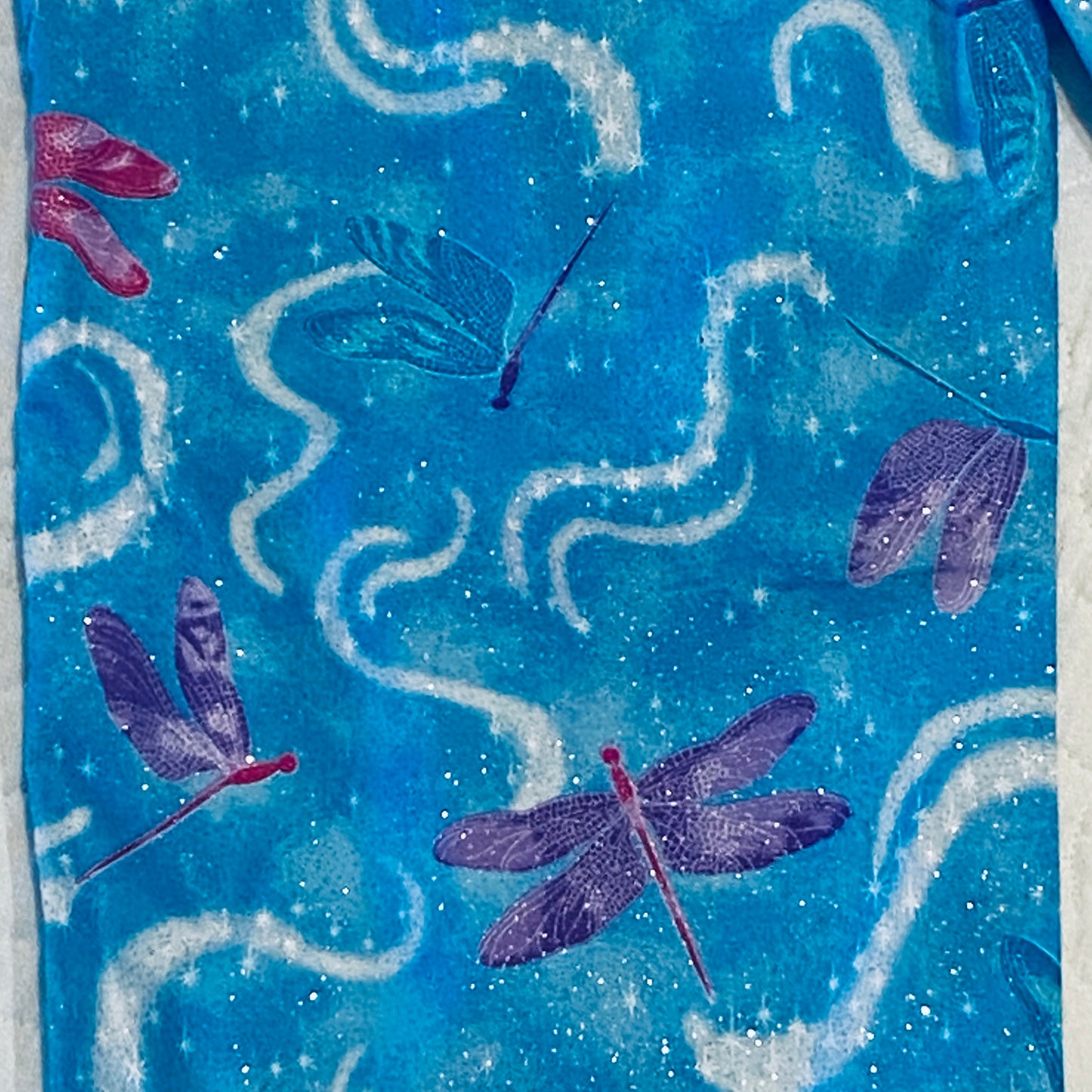 Pants with Pockets - Cotton - Glittered Dragonflies on Light Blue Background with Matching Blue Waistband