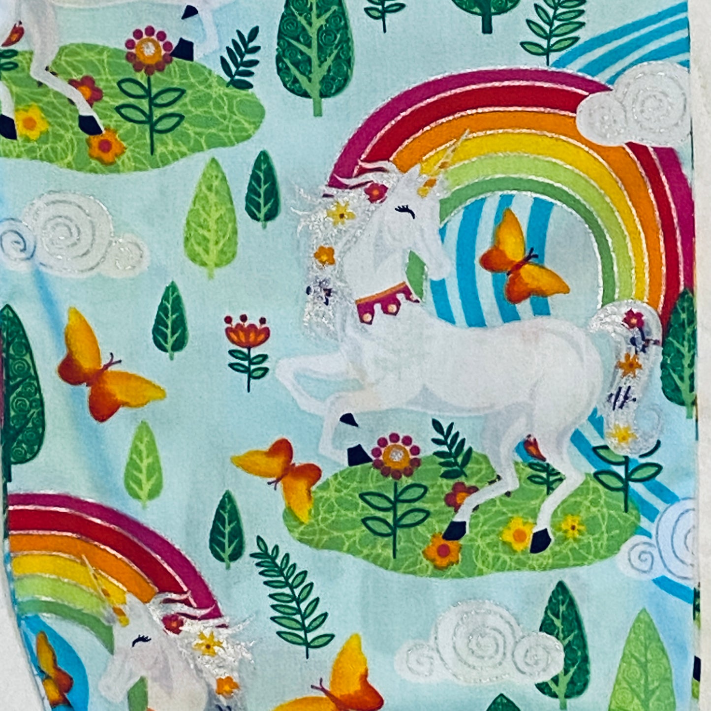 Pants with Pockets - Cotton - Unicorns, Rainbows and Butterflies on Pale Green Background with Matching Green Waistband