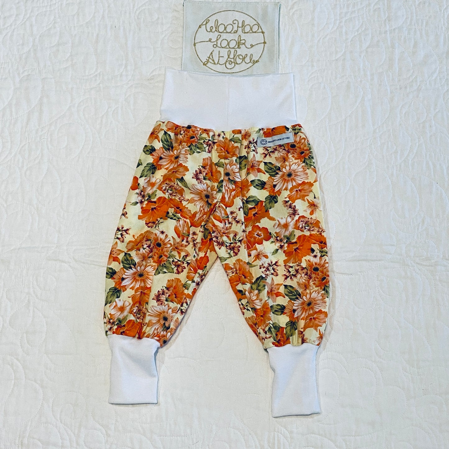 Pants - Harem - Ribbed Waist - Orange Daisies with White Bands