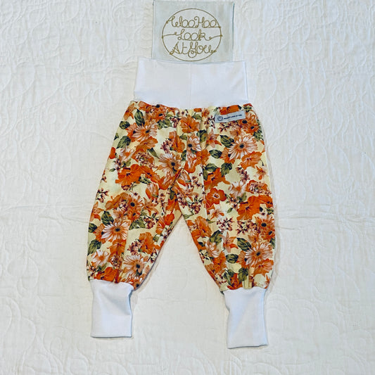 Pants - Harem - Ribbed Waist - Orange Daisies with White Bands