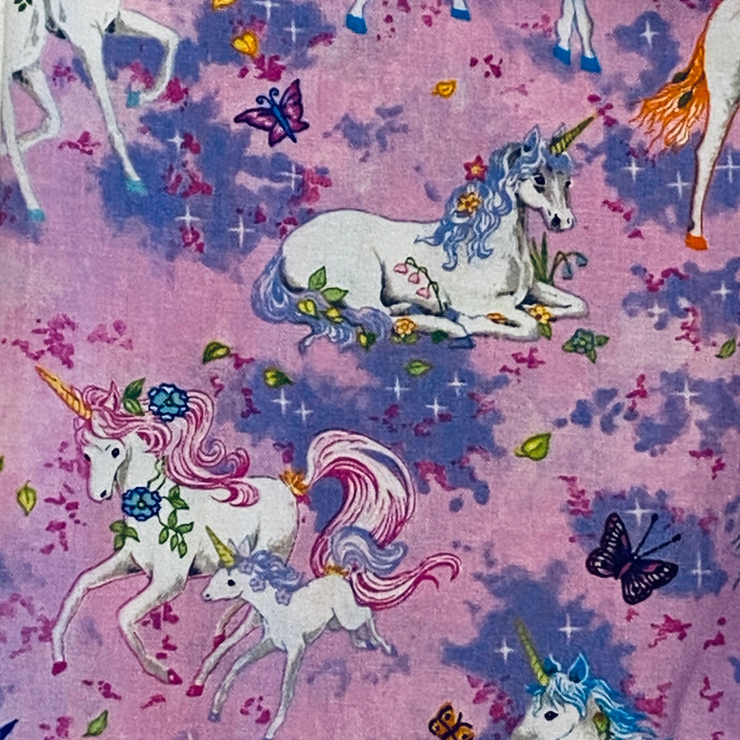 Pants - Harem - Ribbed Waist -  White Unicorns with Pink Bands