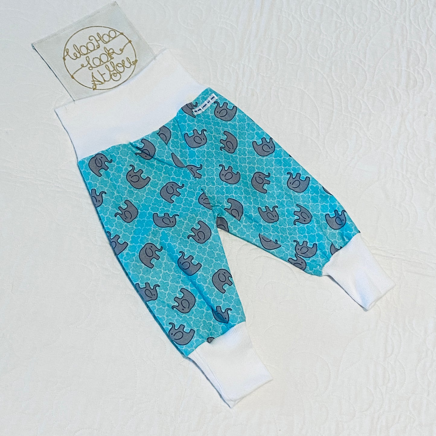 Pants - Harem - Ribbed Waist -  Elephants on Teal with White Bands