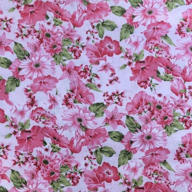 Pants - Harem - Ribbed Waist - Pink Flowers with White Bands
