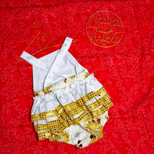 Romper - Christmas - Gold Poinsettias on Cream with Gold Sequins Ruffles on Bottom