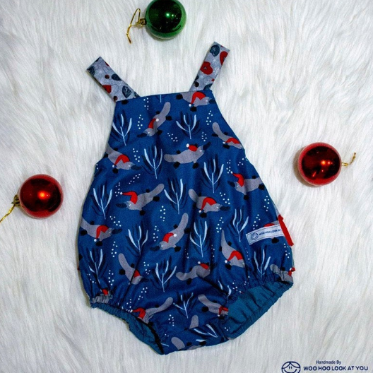 Romper - Christmas - Australiana Christmas Platypus with Grey and Red Ruffled Trim on Bottom