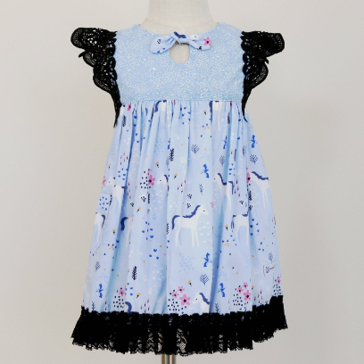 Dress - Maddie - Blue Unicorns with Black Lace Flutters and Black Lace Hemline