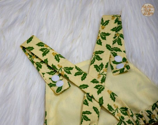 Romper - Christmas - Green Holly on Lemon Background, Bottle Green & Gold Sequin Trims