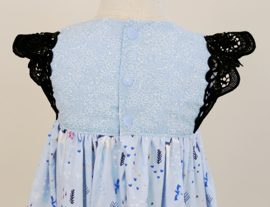 Dress - Maddie - Blue Unicorns with Black Lace Flutters and Black Lace Hemline