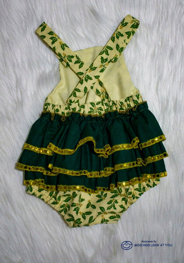 Romper - Christmas - Green Holly on Lemon Background, Bottle Green & Gold Sequin Trims