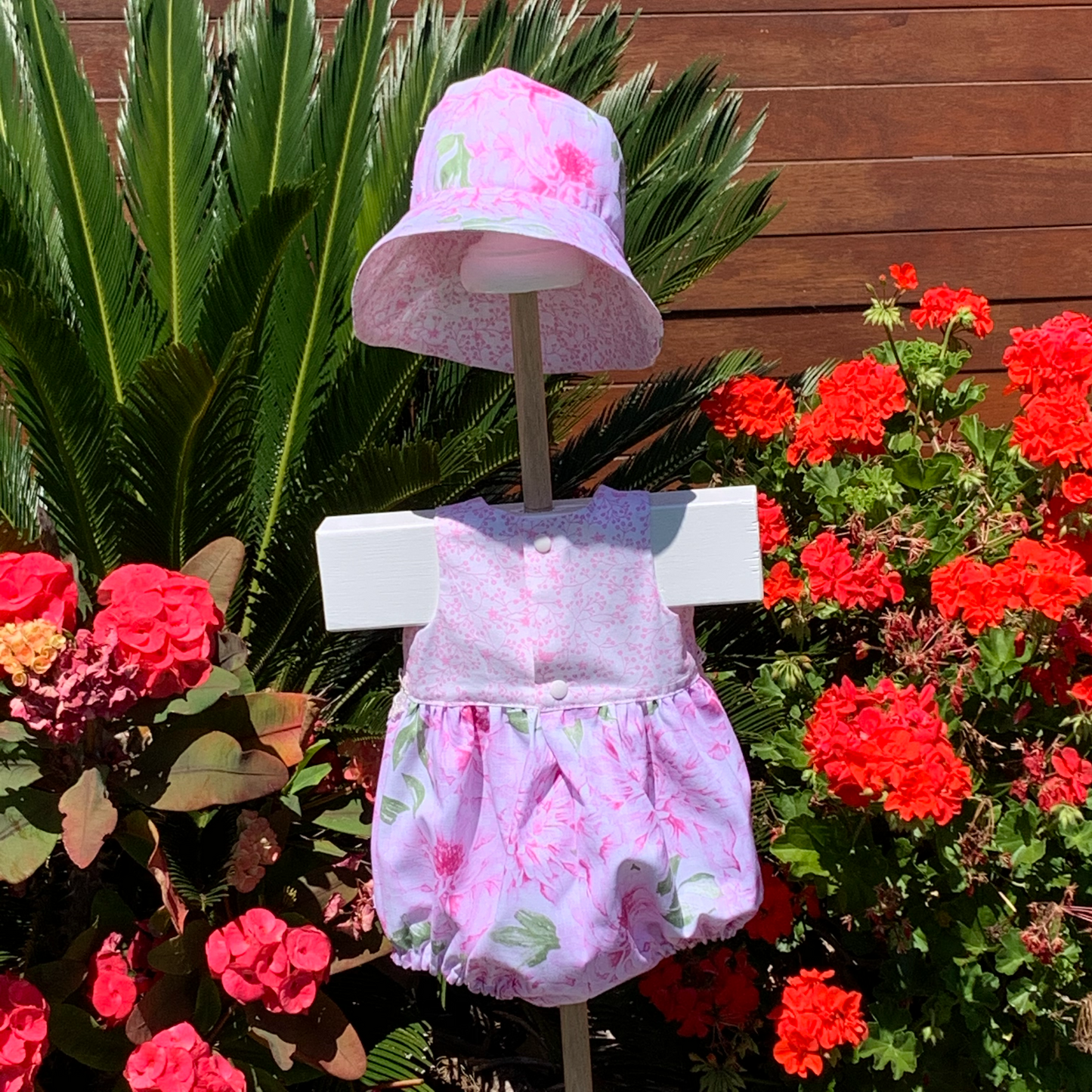 2 Piece - Romper with Flosstyle Hat - Floral Cotton Fabric and Lace Trims