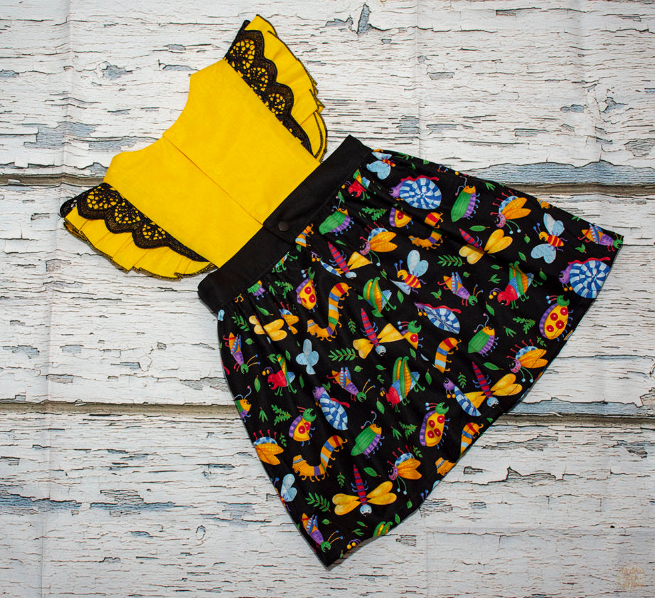 Pinafore - Emma Polly Bugs with Black Lace Flutter