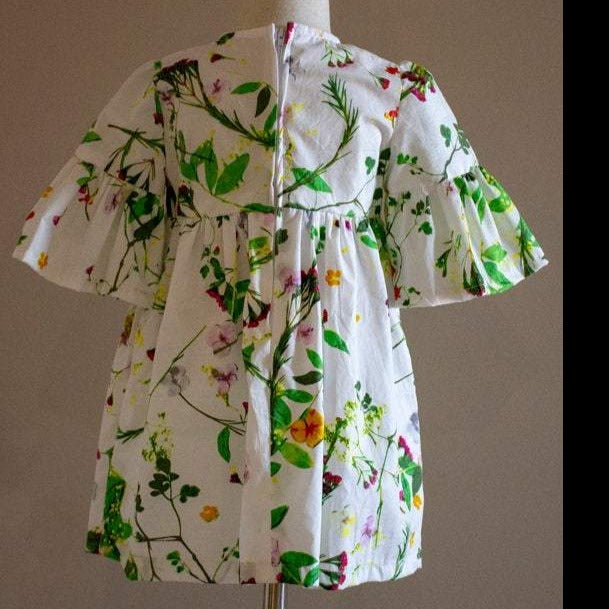 Dress - 3/4 Sleeve Floral Garden - Green Tones,  3/4 Sleeve with Ruffle