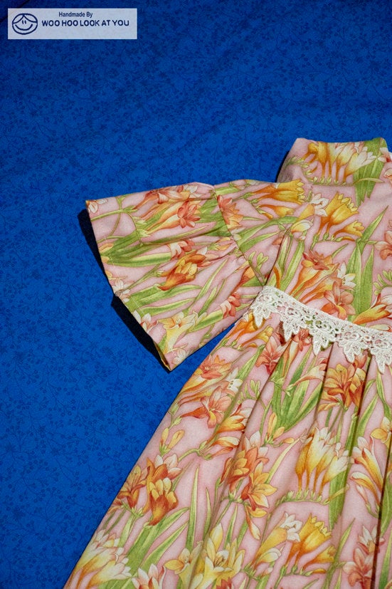 Dress - 3/4 Sleeve Floral Garden - Pink Tones,  3/4 Sleeve with Ruffle