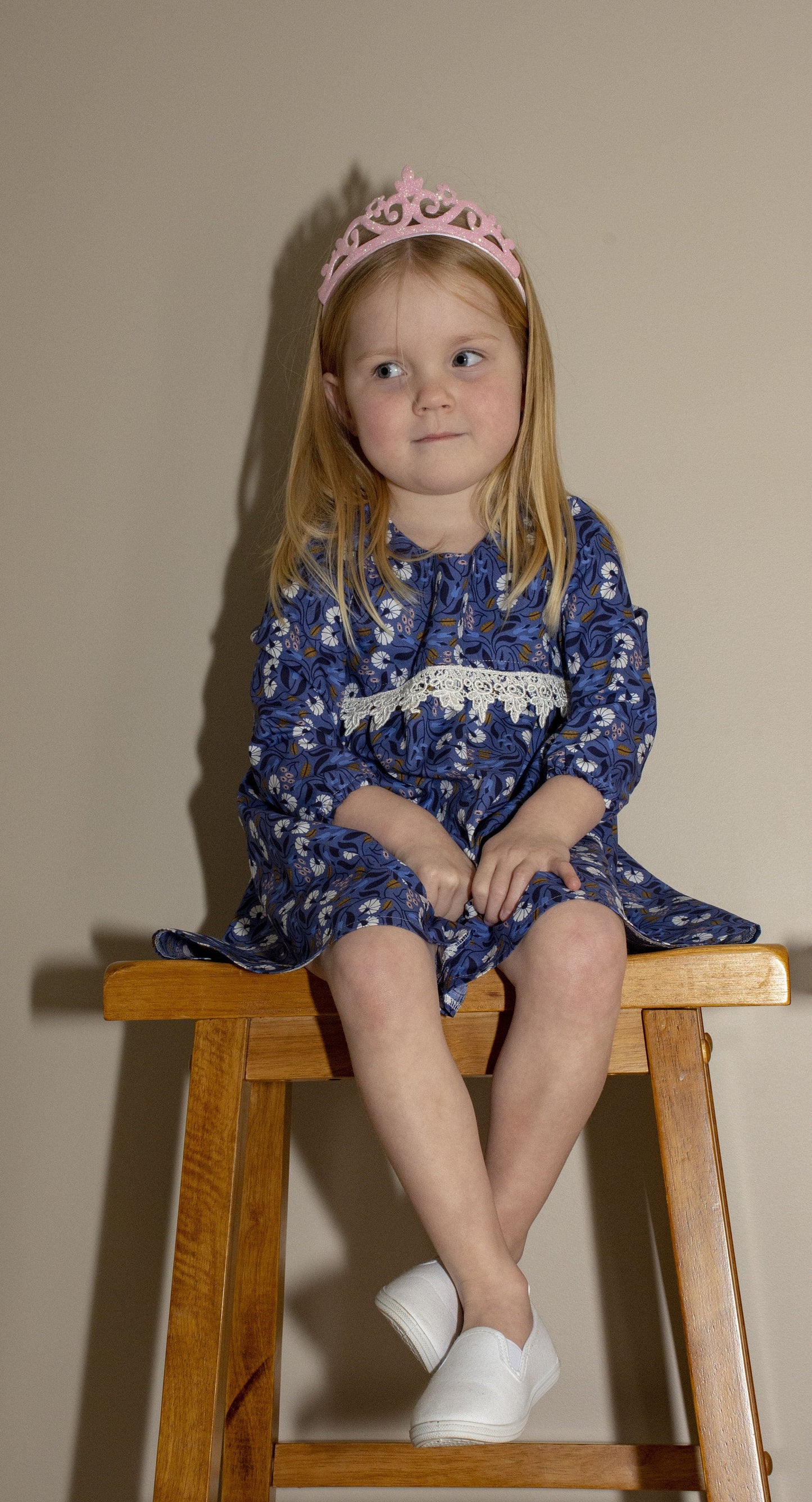 Dress - Long Sleeved Dark Blue w White Flowers