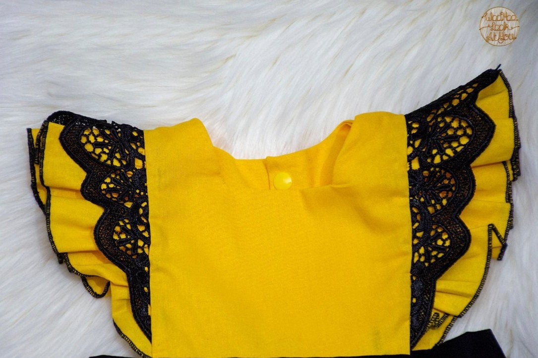 Dress - Pinafore - Emma Polly Yellow and Black with Black Lace Trim