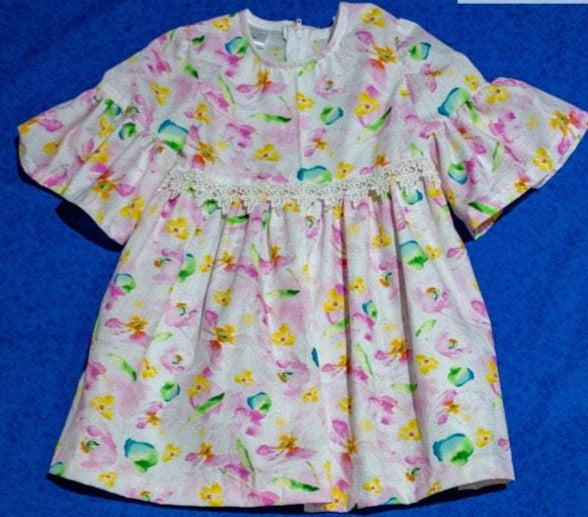 Dress - 3/4 Sleeve Floral Garden - Pink Tones,  3/4 Sleeve with Ruffle