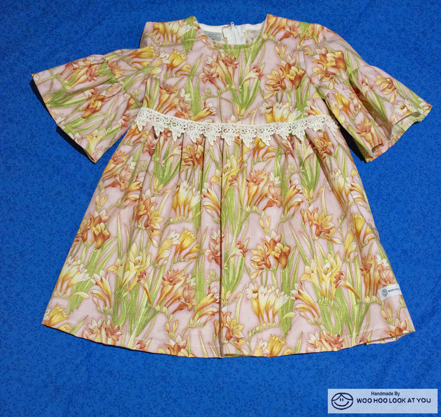 Dress - 3/4 Sleeve Floral Garden - Pink Tones,  3/4 Sleeve with Ruffle
