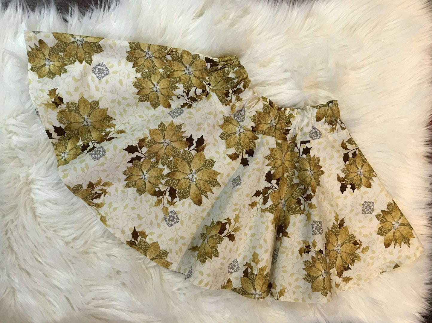 Skirt - Christmas - Elastic Waist with Gold Poinsettia Flowers