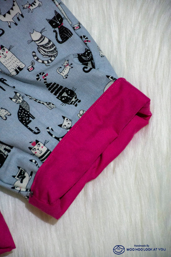 Pants - Buzoku Cotton - Lined - Black and White Cats on Grey with Hot Pink Trim