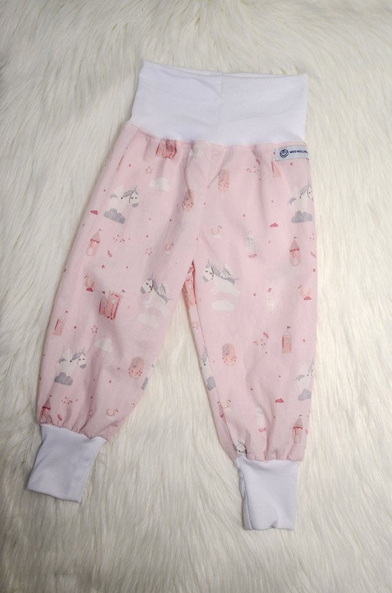 Pants - Harem - Ribbed Waist - Pastel Pink & White Unicorns with White Bands