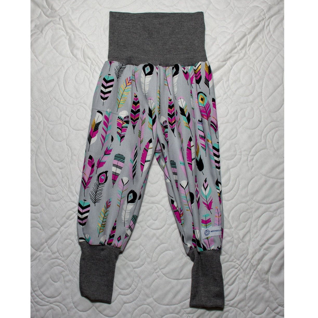 Pants - Harem - Buzoku Cotton - Pink & Teal Feathers with Grey Bands