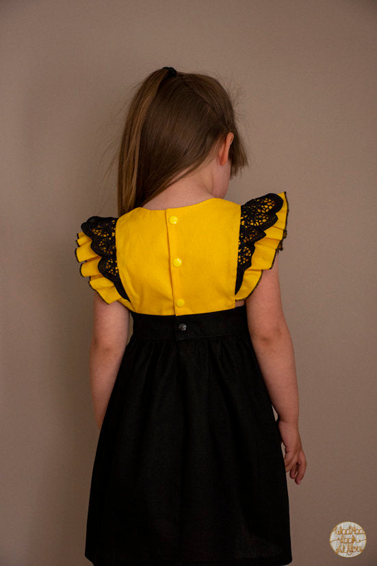 Dress - Pinafore - Emma Polly Yellow and Black with Black Lace Trim