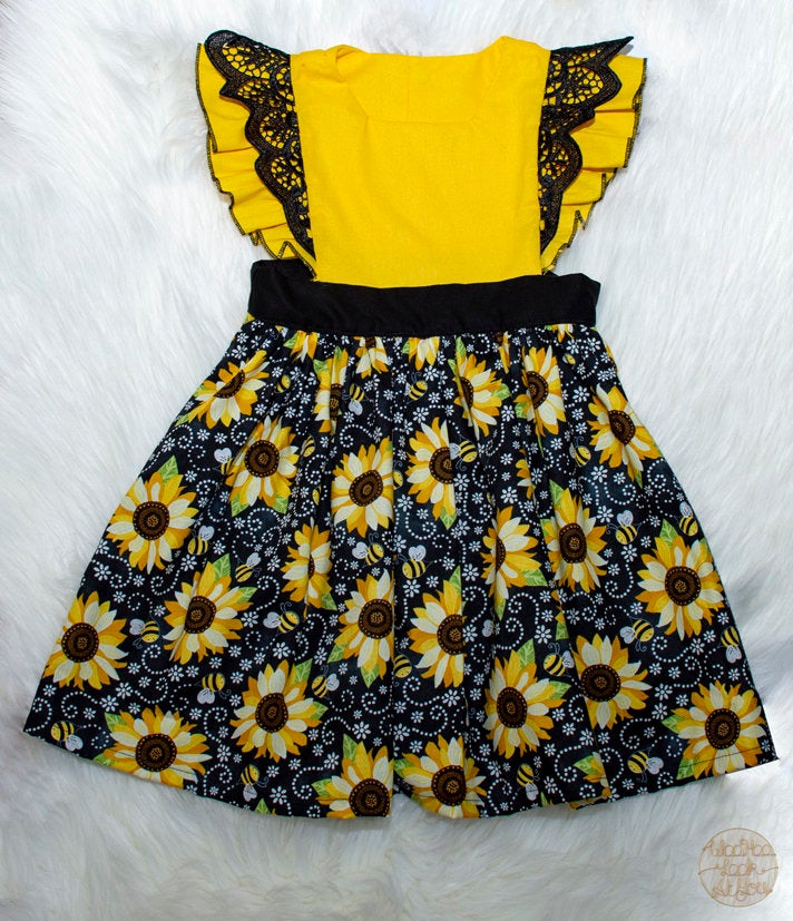 Pinafore - Emma Polly Sunflower with Black Lace Flutter